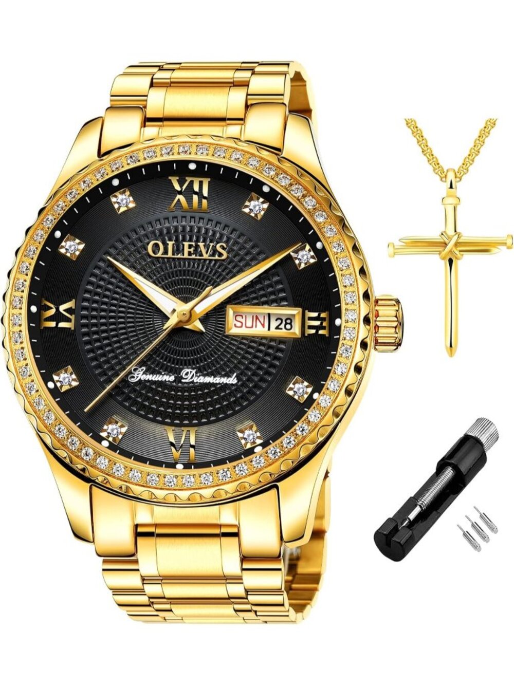 Men's Gold Black Diamond Stainless Steel Waterproof Luminous Luxury Analog Watch